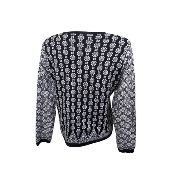 Vintage Cabi Cardigan Sweater Wool Blend Womens Large Black White Floral Button - Picture 4 of 6